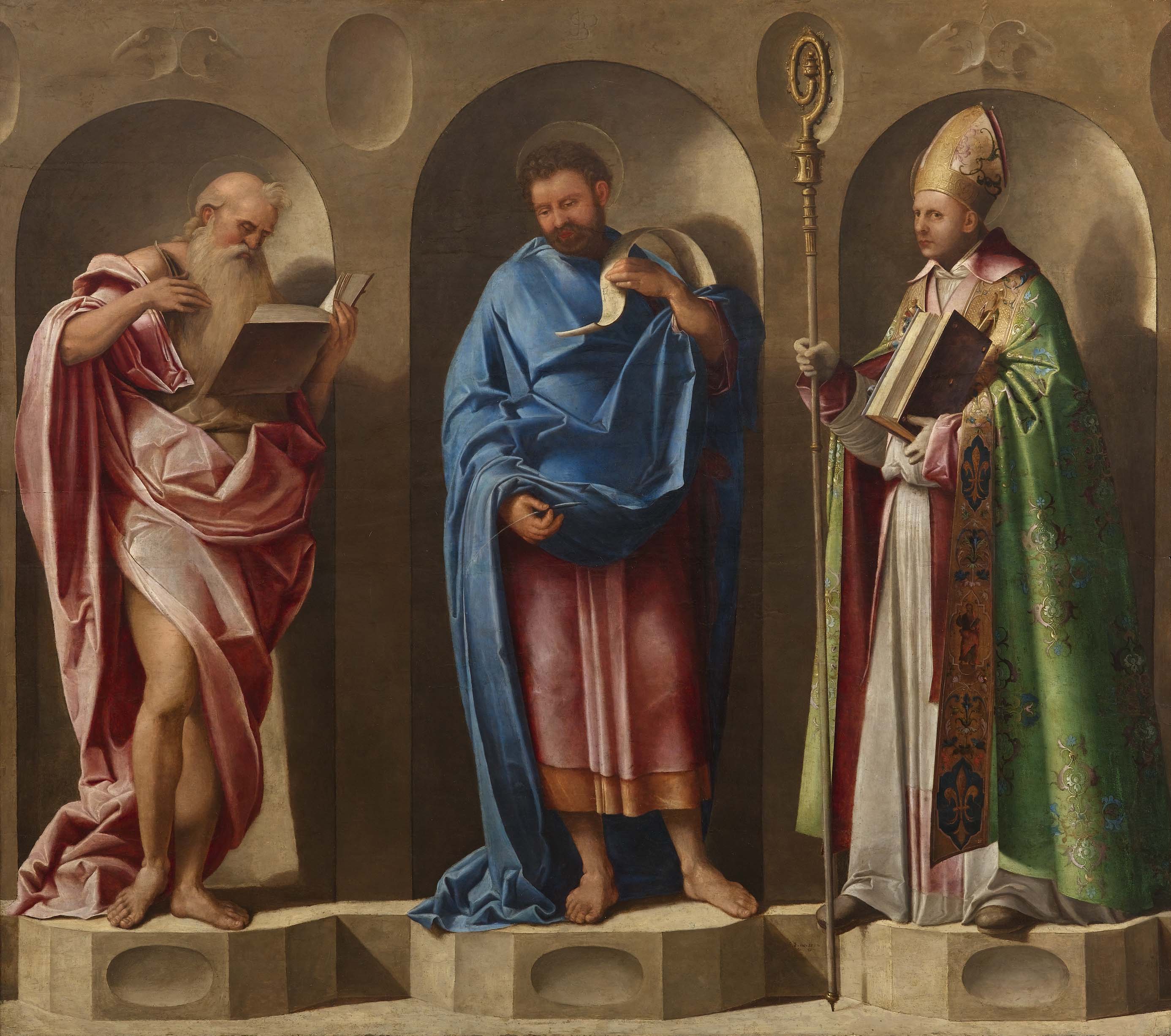 San Marco tra i Santi Gerolamo e Ludovico da Tolosa (dipinto) di Rusconi Benedetto detto Benedetto Diana (attribuito) (prima metà Sec. XVI)