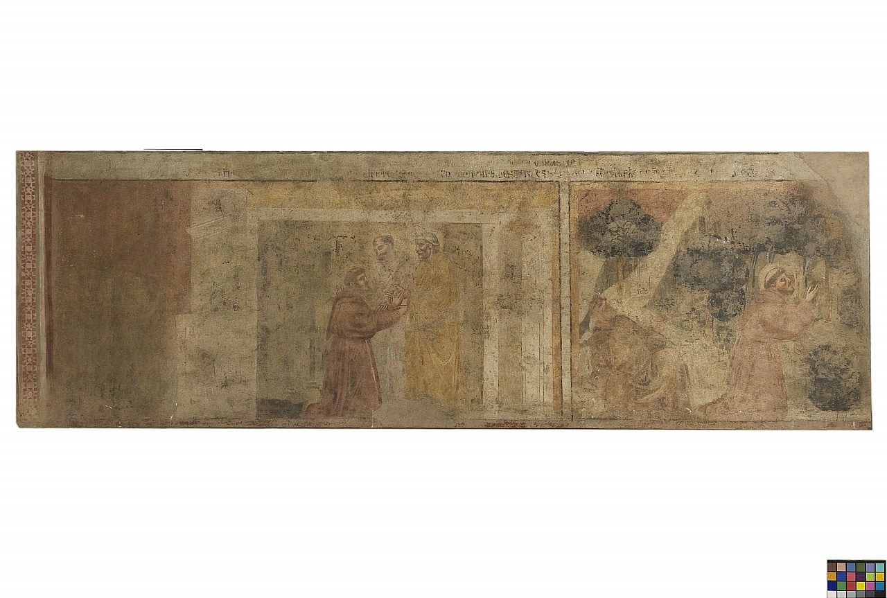 San Pietro e San Paolo appaiono a San Francesco d'Assisi/ San Francesco d'Assisi in preghiera (dipinto murale staccato, frammento) di Nelli Pietro (attribuito) (sec. XIV)