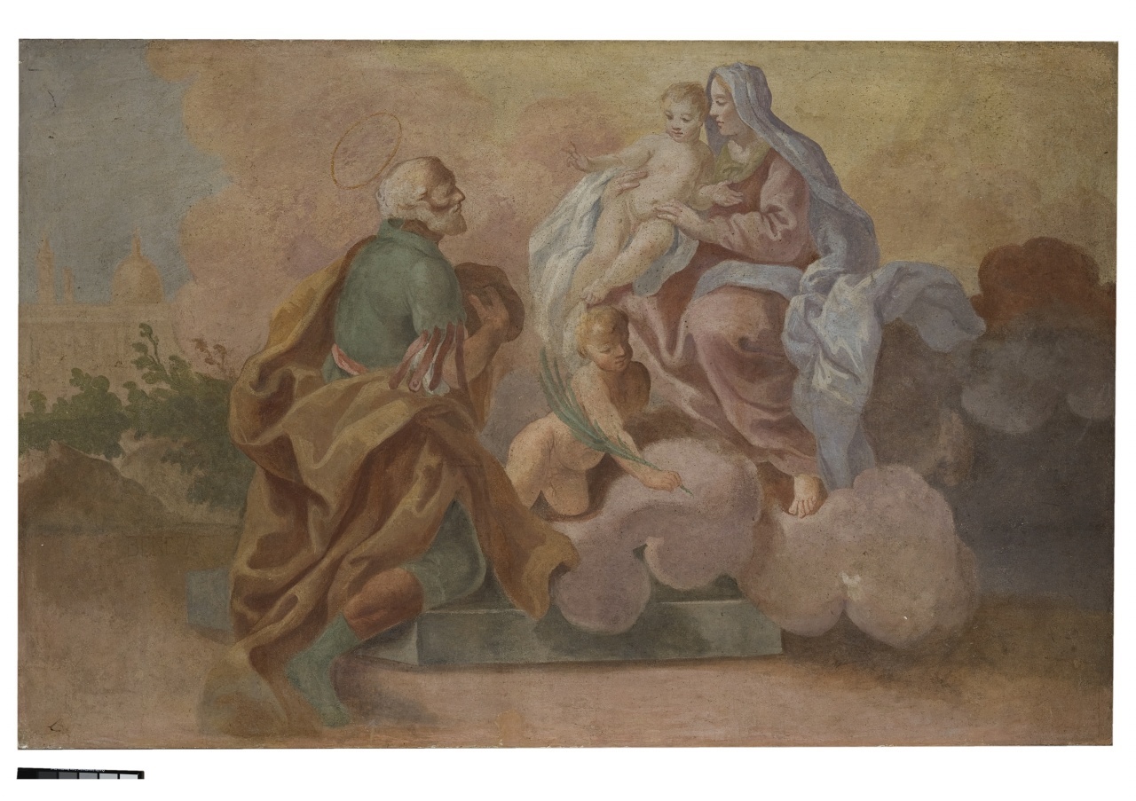 Madonna con Bambino, angelo e santo genuflesso (dipinto murale staccato) - ambito fiorentino (secc. XVII/ XVIII)