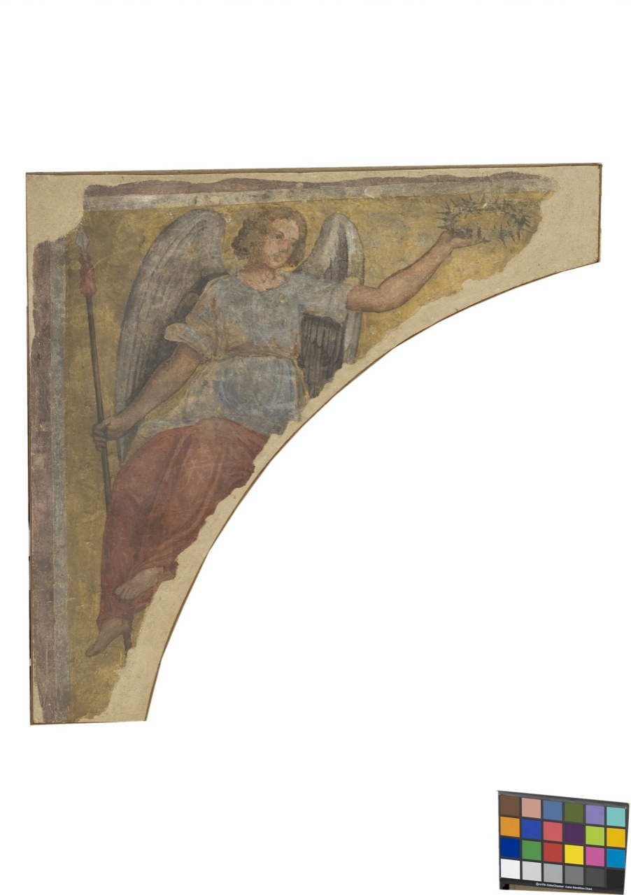 angelo con simboli della passione: lancia e corona di spine (dipinto murale staccato) - ambito fiorentino (sec. XV)