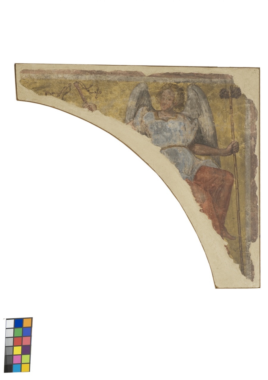 angelo con simboli della passione: flagello e canna con la spugna (dipinto murale staccato) - ambito fiorentino (sec. XV)