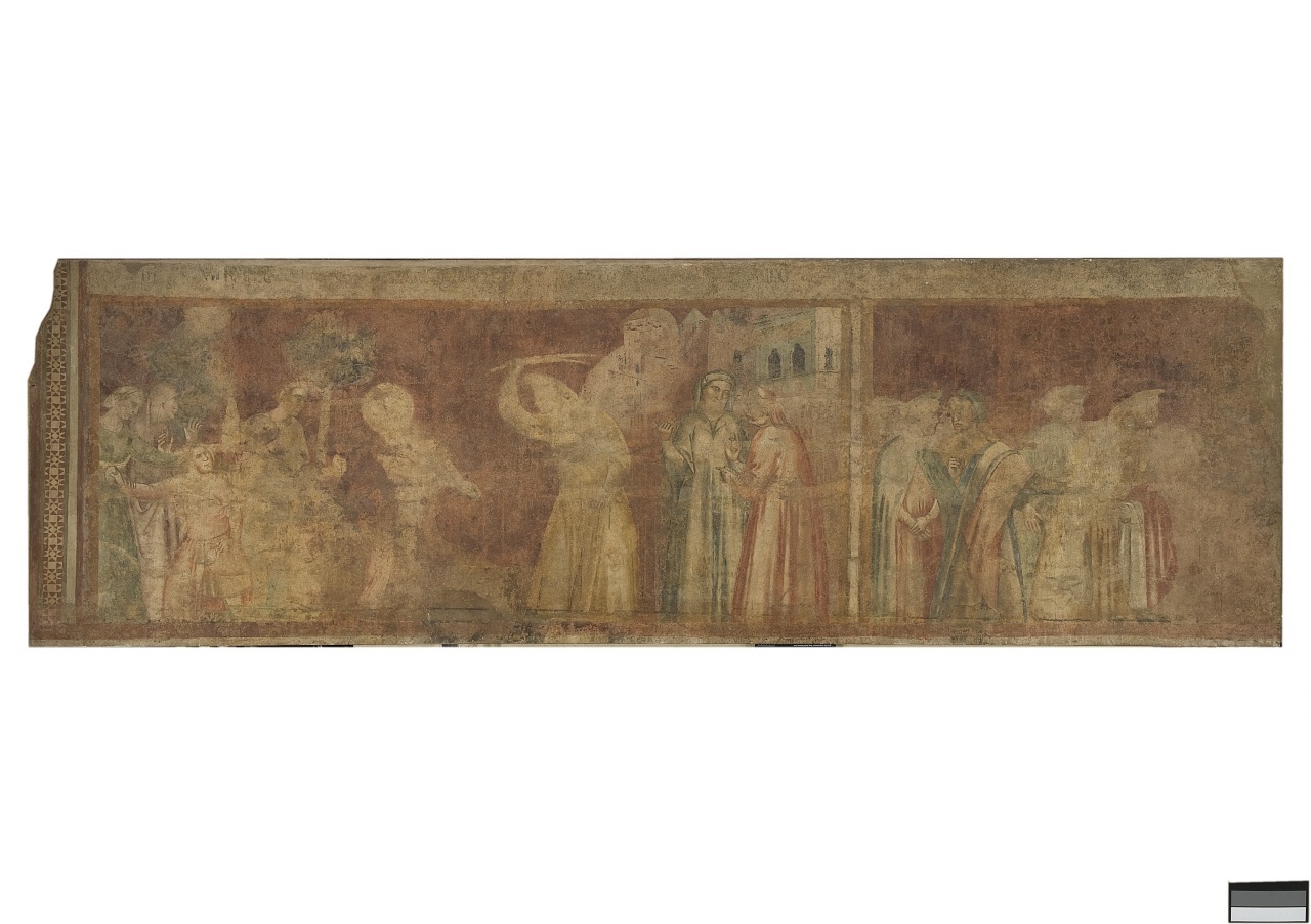 San Francesco d'Assisi percosso dal padre/ San Francesco d'Assisi rinuncia ai beni del padre (dipinto murale staccato) di Nelli Pietro (attribuito) (sec. XIV)