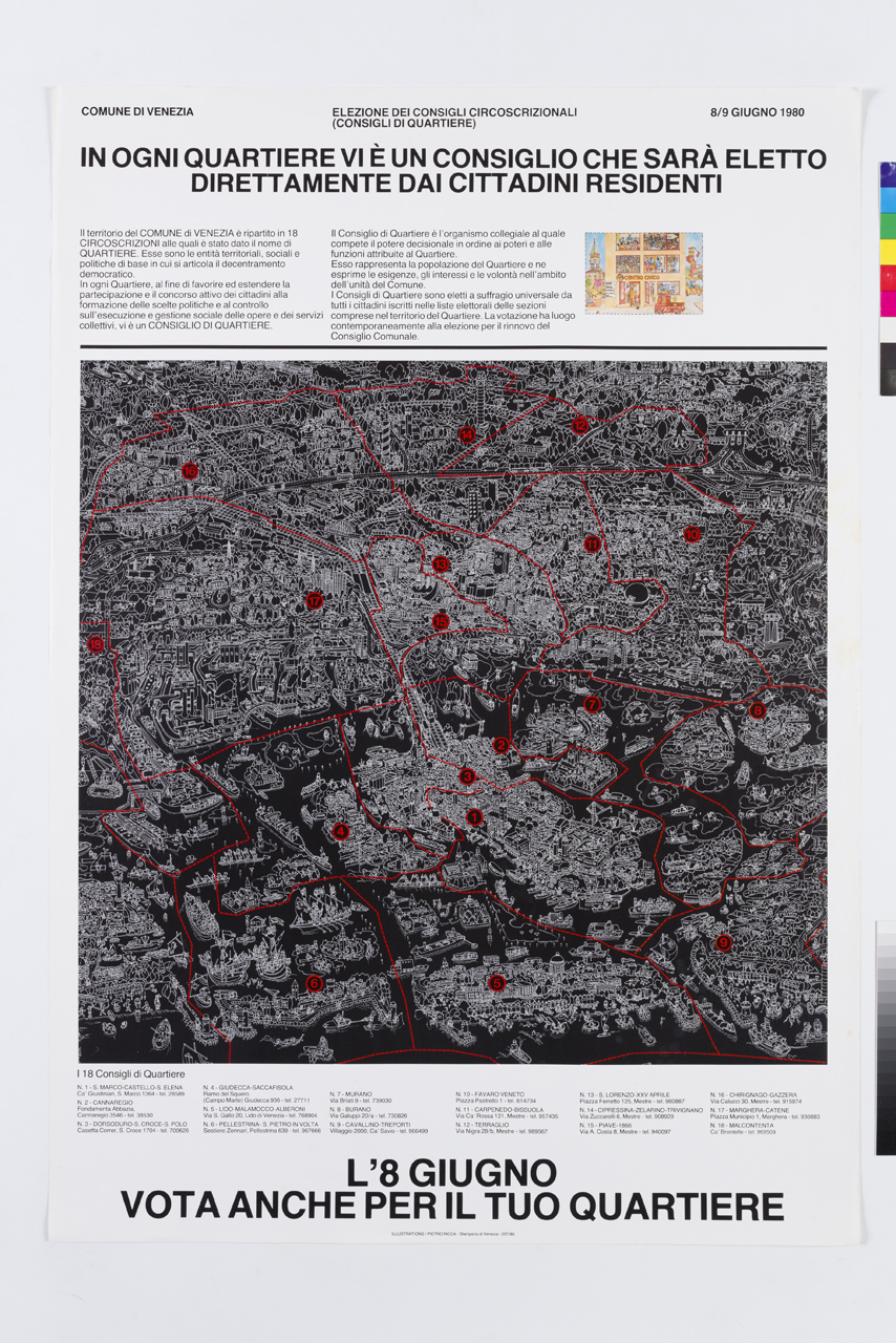 piantina di Venezia con suddivisione dei quartieri (manifesto) di Ricca Pietro (XX)