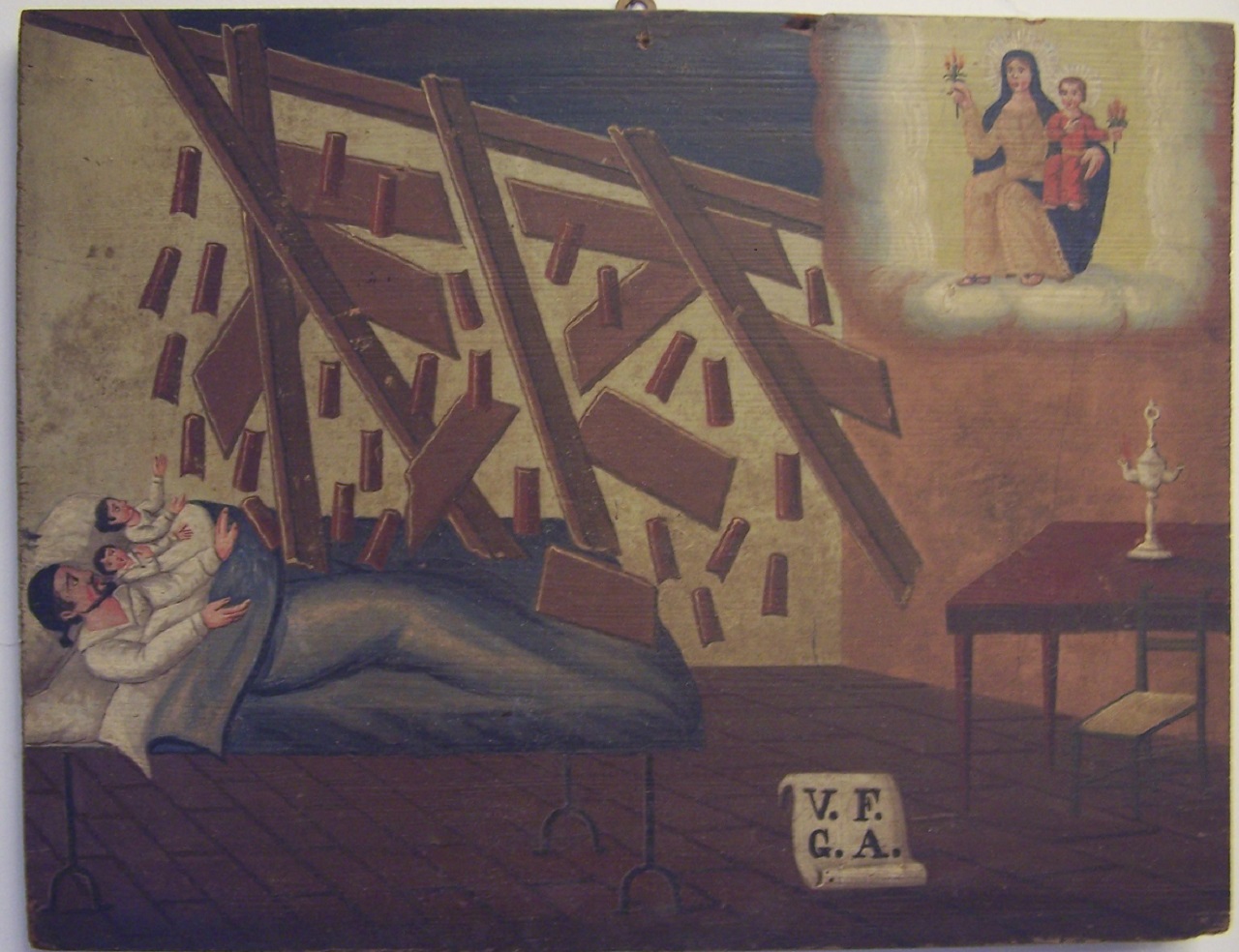 Crollo del soffitto su famiglia a letto (ex voto - dipinto) - ambito messinese (seconda metà XIX)