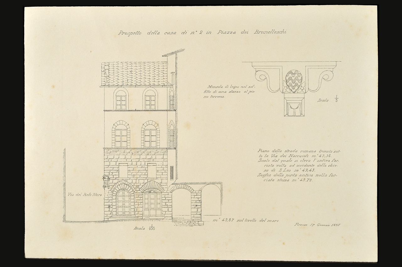 Prospetto architettonico di una casa in piazza dei Brunelleschi (stampa) - ambito fiorentino (fine sec. XIX)