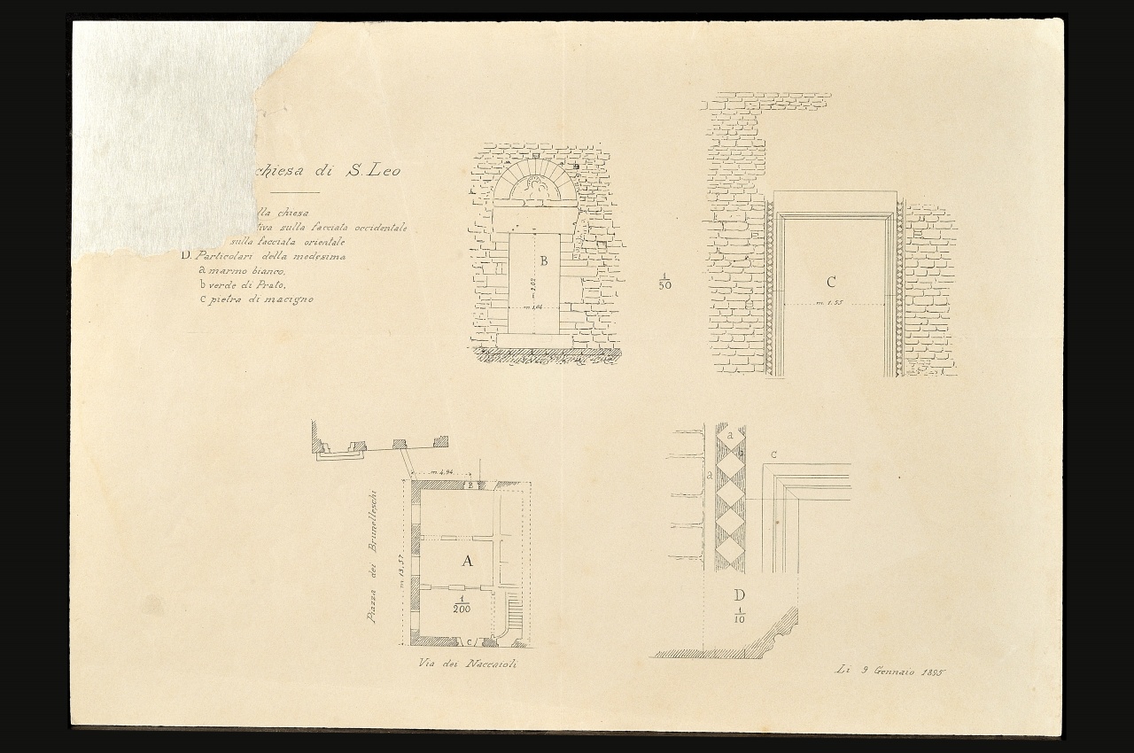 Pianta della chiesa di S. Leo e rilievi di due porte (stampa) - ambito fiorentino (fine sec. XIX)