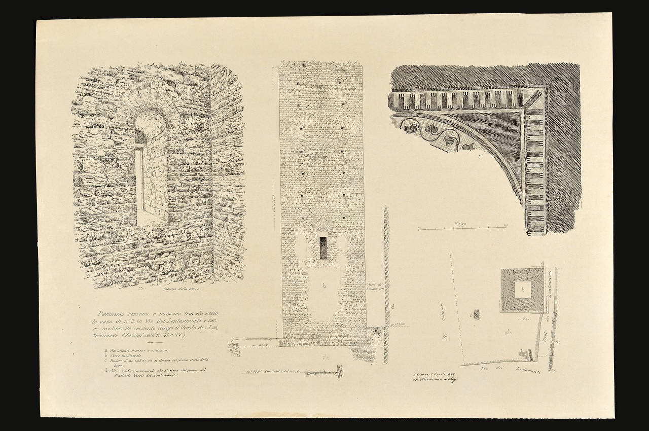 Veduta di un'apertura, prospetto e pianta di una torre, rappresentazione del lacerto di un mosaico (stampa) di Lucarini Fabrizio - ambito fiorentino (fine sec. XIX)
