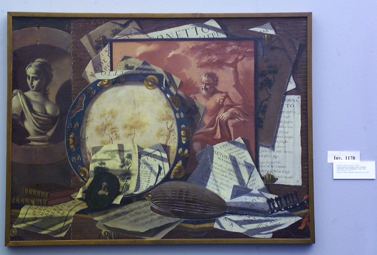 natura morta con strumenti musicali e carte accostate (dipinto, opera isolata) di Cristoforo Salinas (attribuito) (metà XVIII)