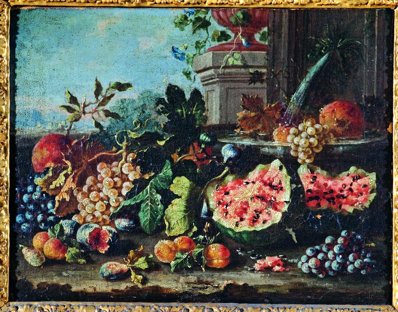 Natura morta con frutta e fontana zampillante, Natura morta (dipinto) di Navarra Pietro (ultimo quarto XVII)