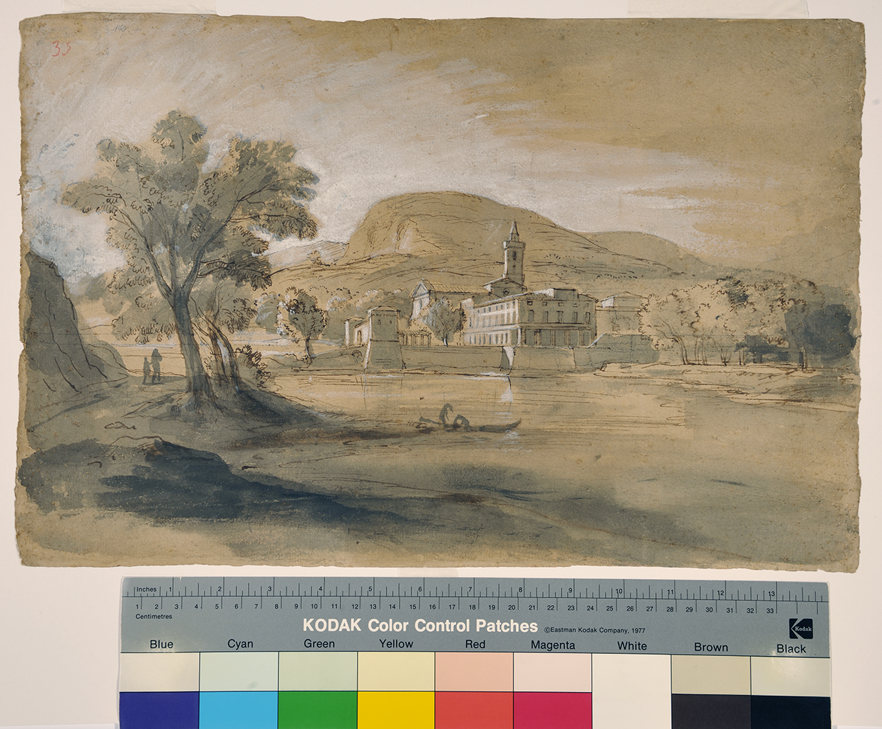 Paesaggio con veduta ideata di convento, Paesaggio (disegno) di Van Wittel, Gaspar (prima metà XVIII)