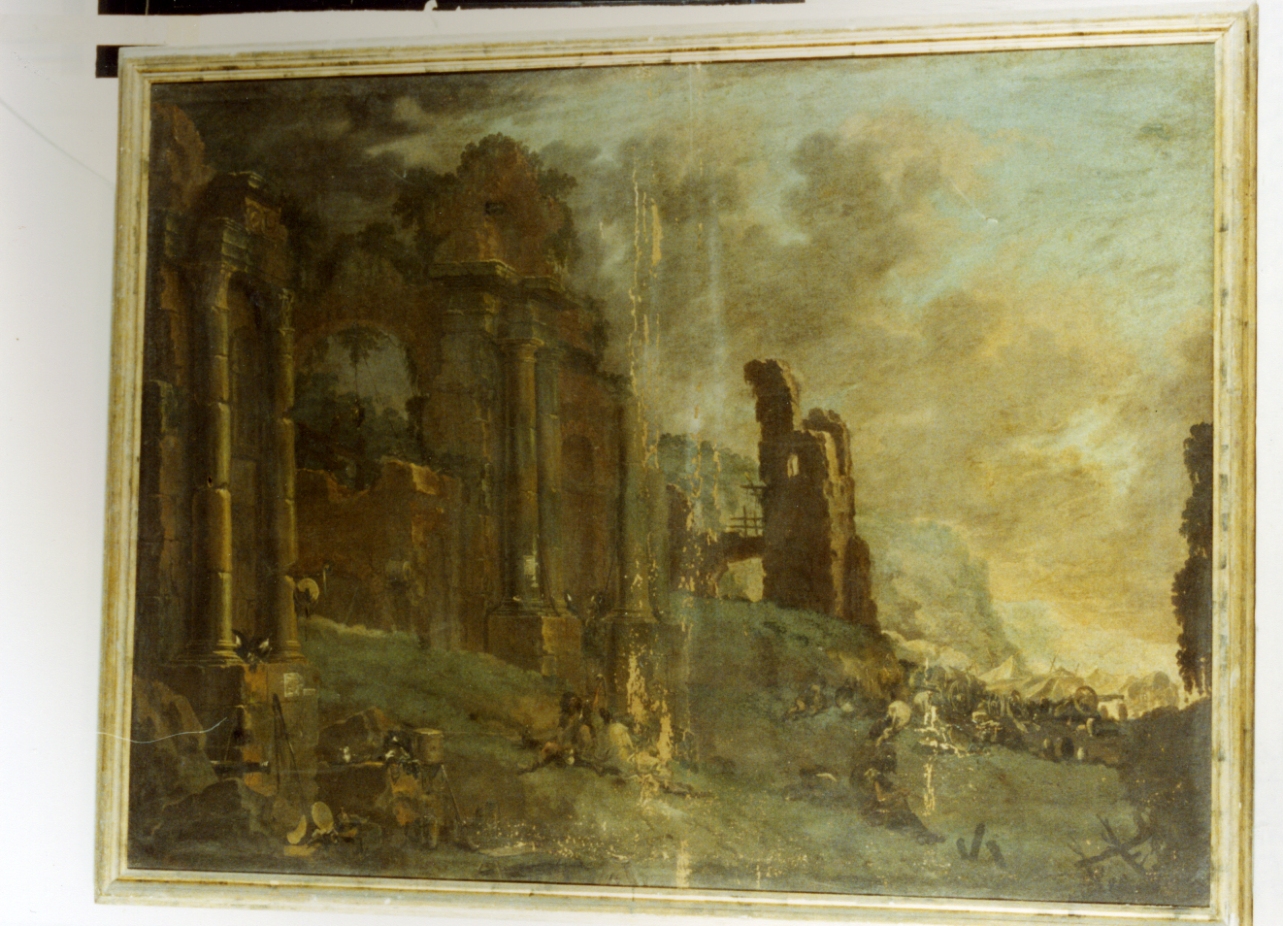 Bivacco di soldati, paesaggio con rovine e soldati (dipinto) di Ghisolfi Giovanni (attribuito) (seconda metà sec. XVII)