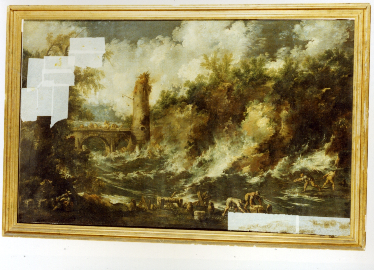 Paesaggio fluviale durante una tempesta, paesaggio fluviale (dipinto) di Magnasco Alessandro (attribuito) (fine/ inizio secc. XVII/ XVIII)
