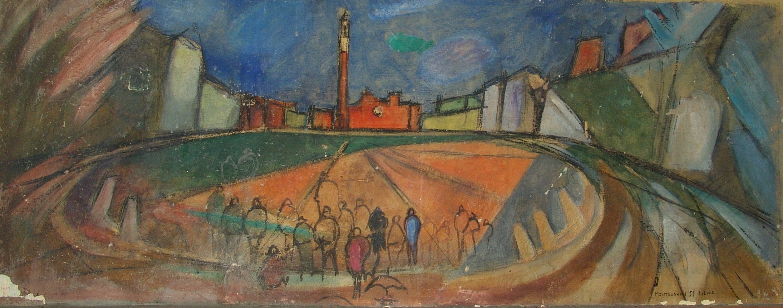 Veduta di Piazza del Campo a Siena con figure (dipinto) di Montagnani Emilio (XX)