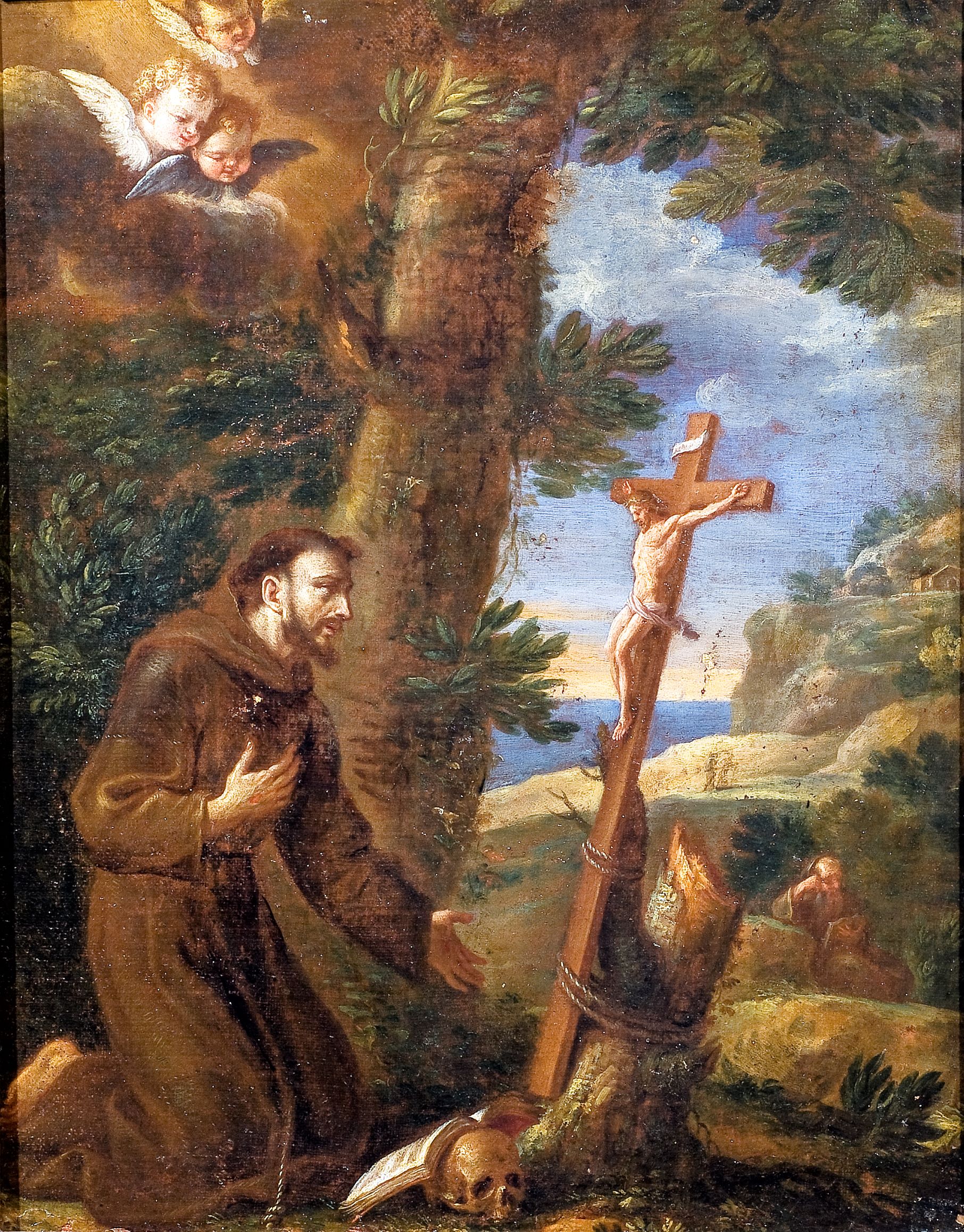 San Francesco in preghiera davanti al crocifisso (dipinto, opera isolata) di Lauri Filippo (attribuito) (ultimo quarto XVII)