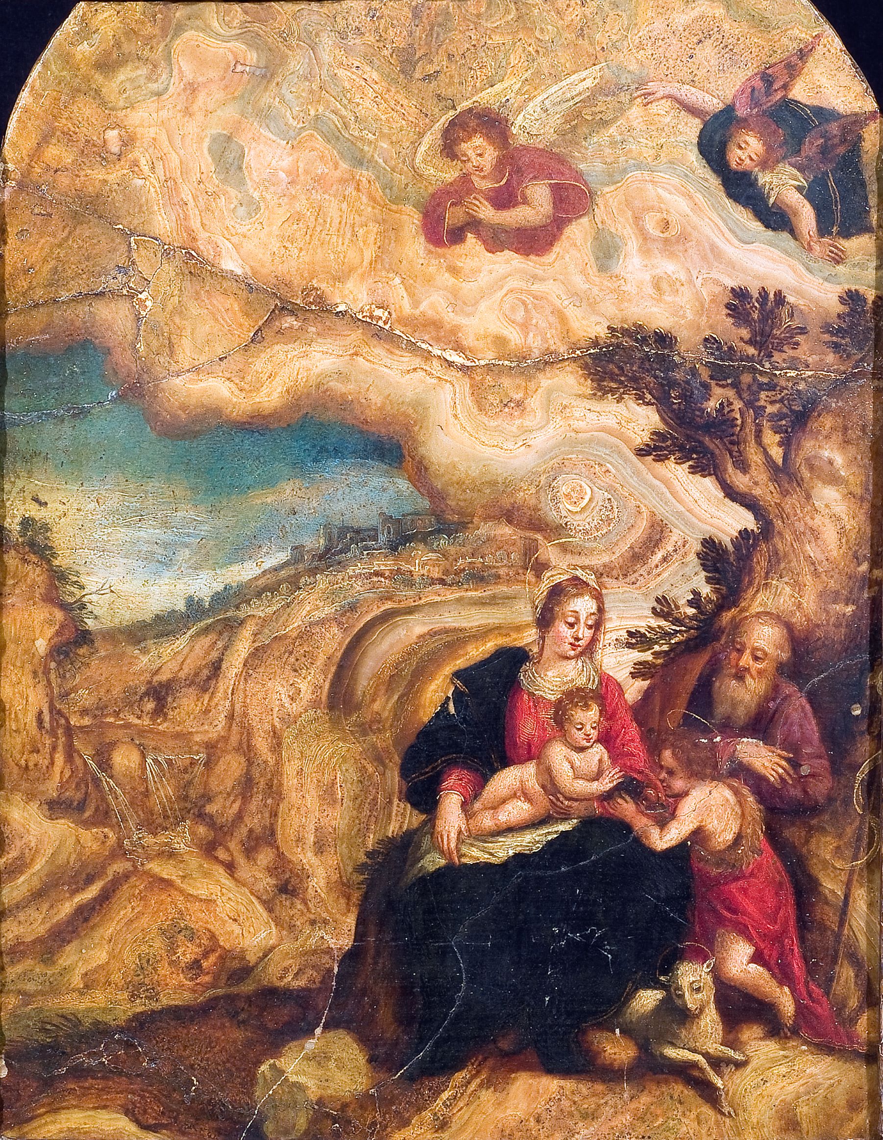 Sacra Famiglia con san Giovannino nel paesaggio (dipinto, opera isolata) di Rottenhammer Hans (attribuito), Sadeler Raphael I (attribuito) - ambito fiammingo (metà XVII)