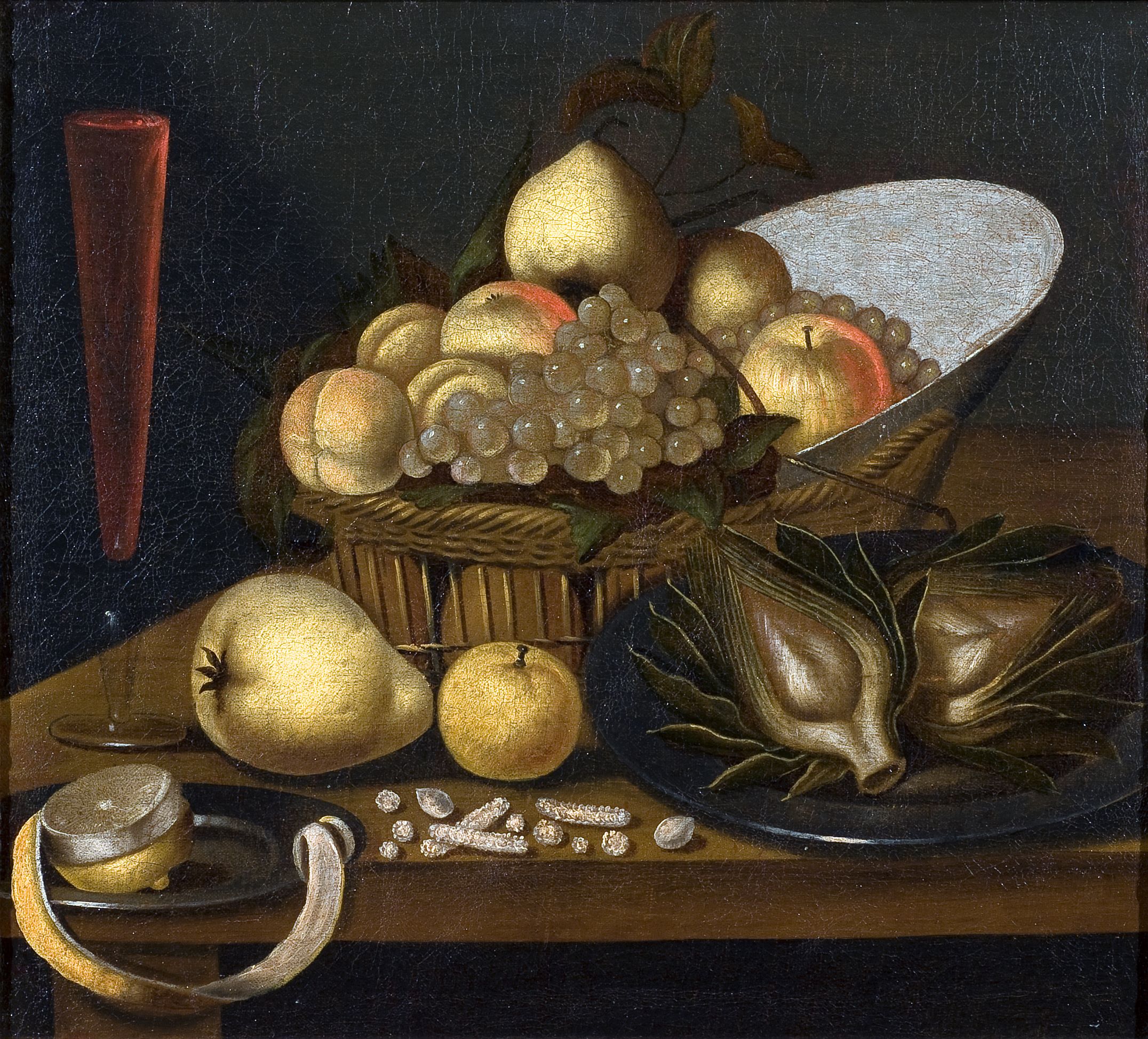 Natura morta con cesto di frutta sul tavolo (dipinto, opera isolata) di Franz Godin (cerchia) - ambito tedesco (secondo quarto XVII)