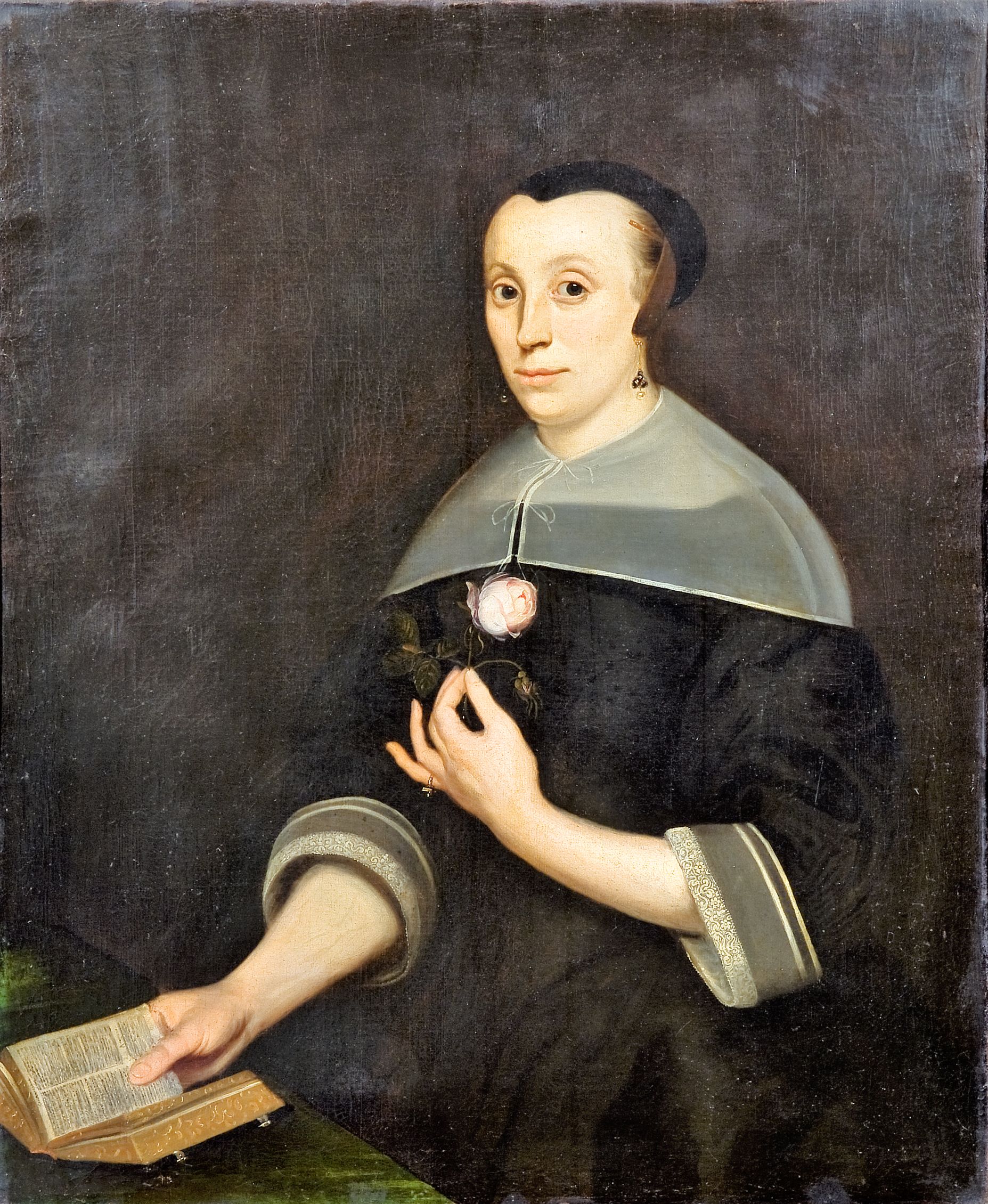 Ritratto di donna con rosa (dipinto, opera isolata) di Adriaen Cornelisz Beeldemaker (attribuito) - ambito fiammingo (ultimo quarto XVII)