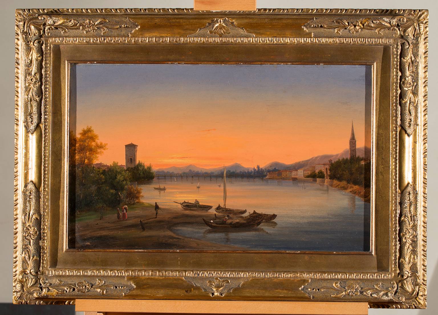 Paesaggio lacustre con barche e paese, paesaggio (dipinto, opera isolata) di Cannella Giuseppe (XIX)