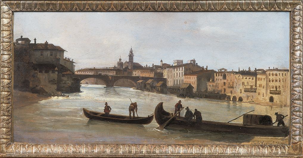 Ponte Nuovo a Verona, veduta (dipinto, opera isolata) di Ferrari Carlo (XIX)