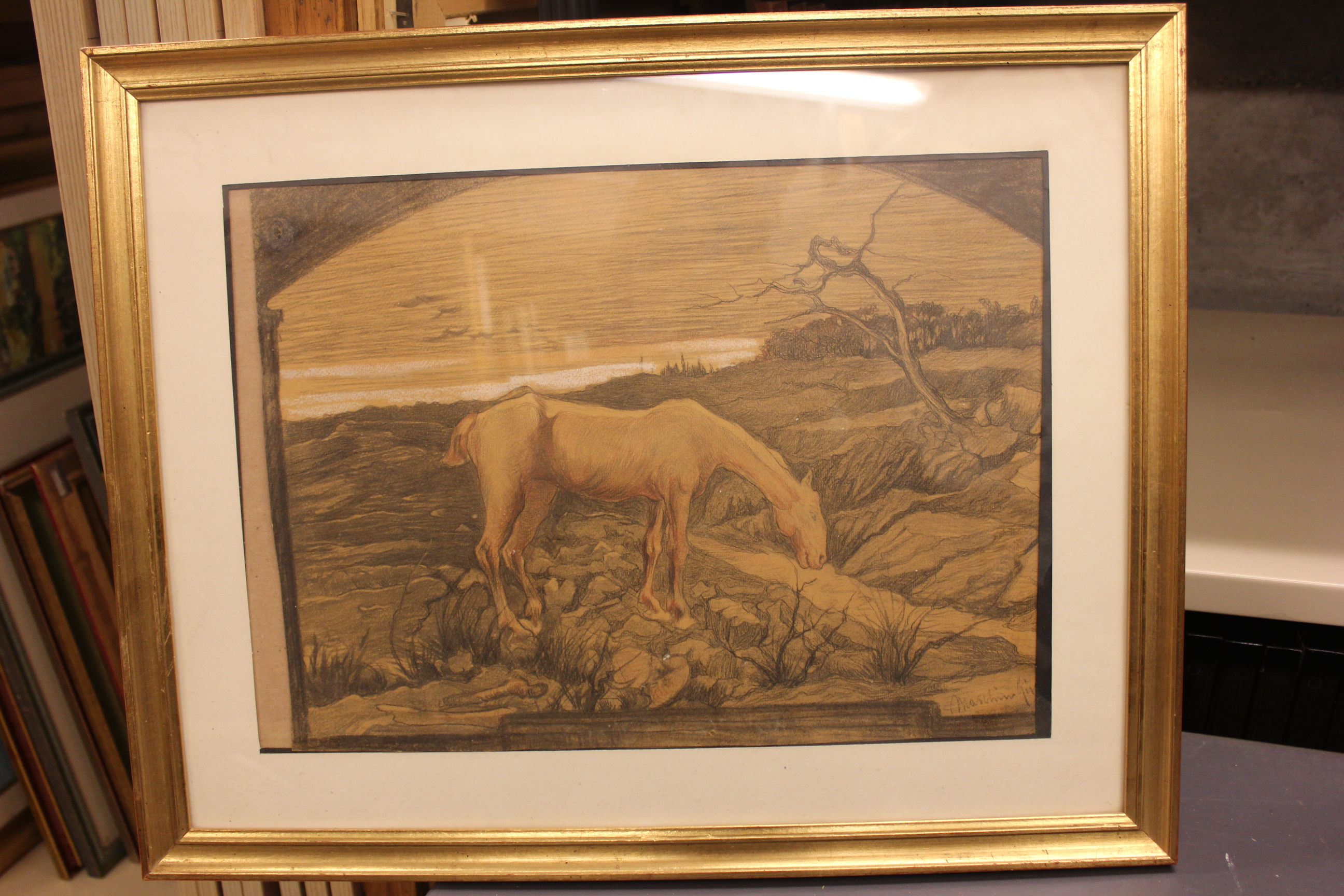 Il Cavallo (titolo assegnato, forse non dell'autore), Cavallo in un paesaggio (disegno, opera isolata) di Marchini Giovanni (primo quarto XX)