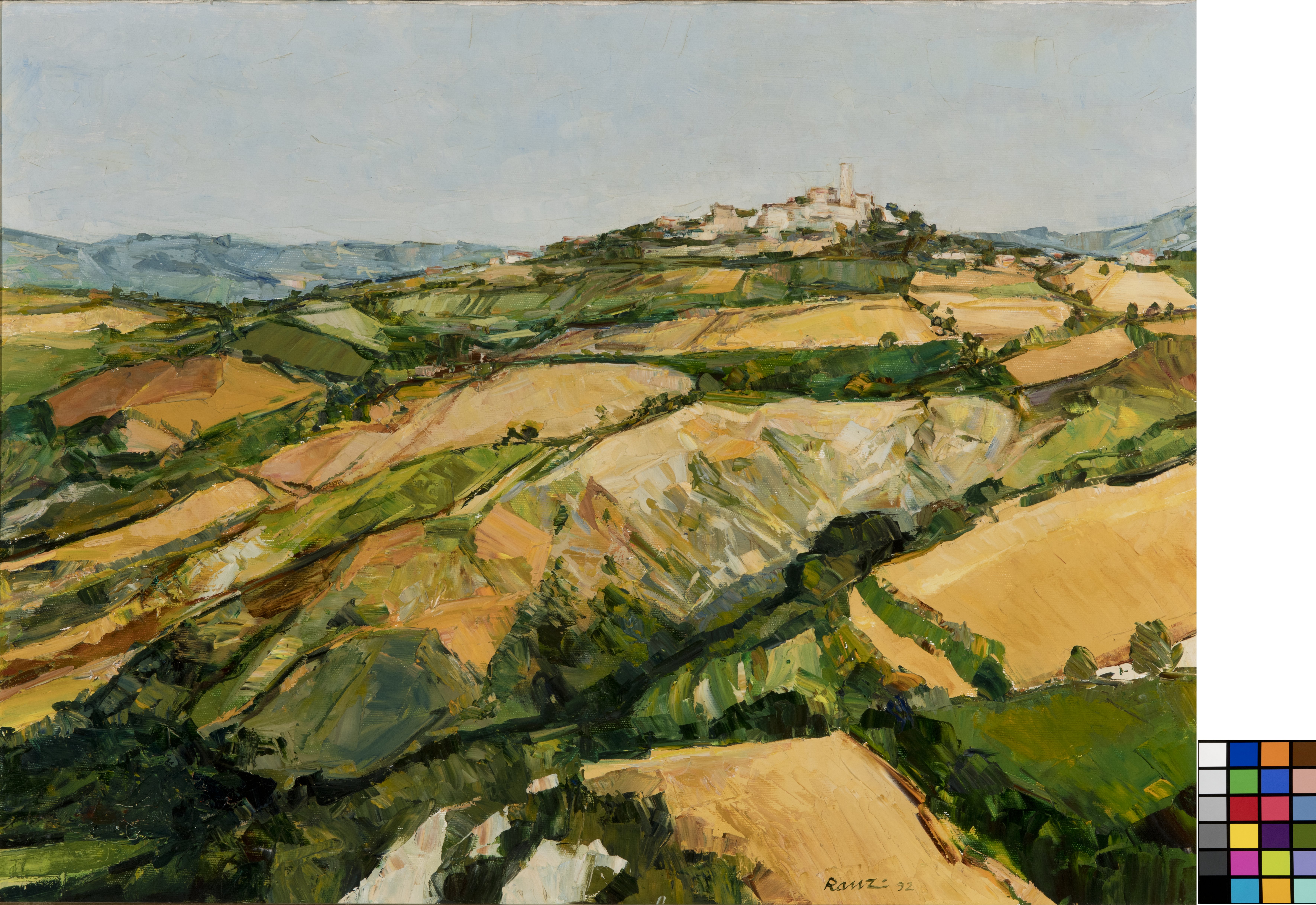 Teodorano, Paesaggio collinare con borgo (dipinto, opera isolata) di Ranzi, Angelo (XX)