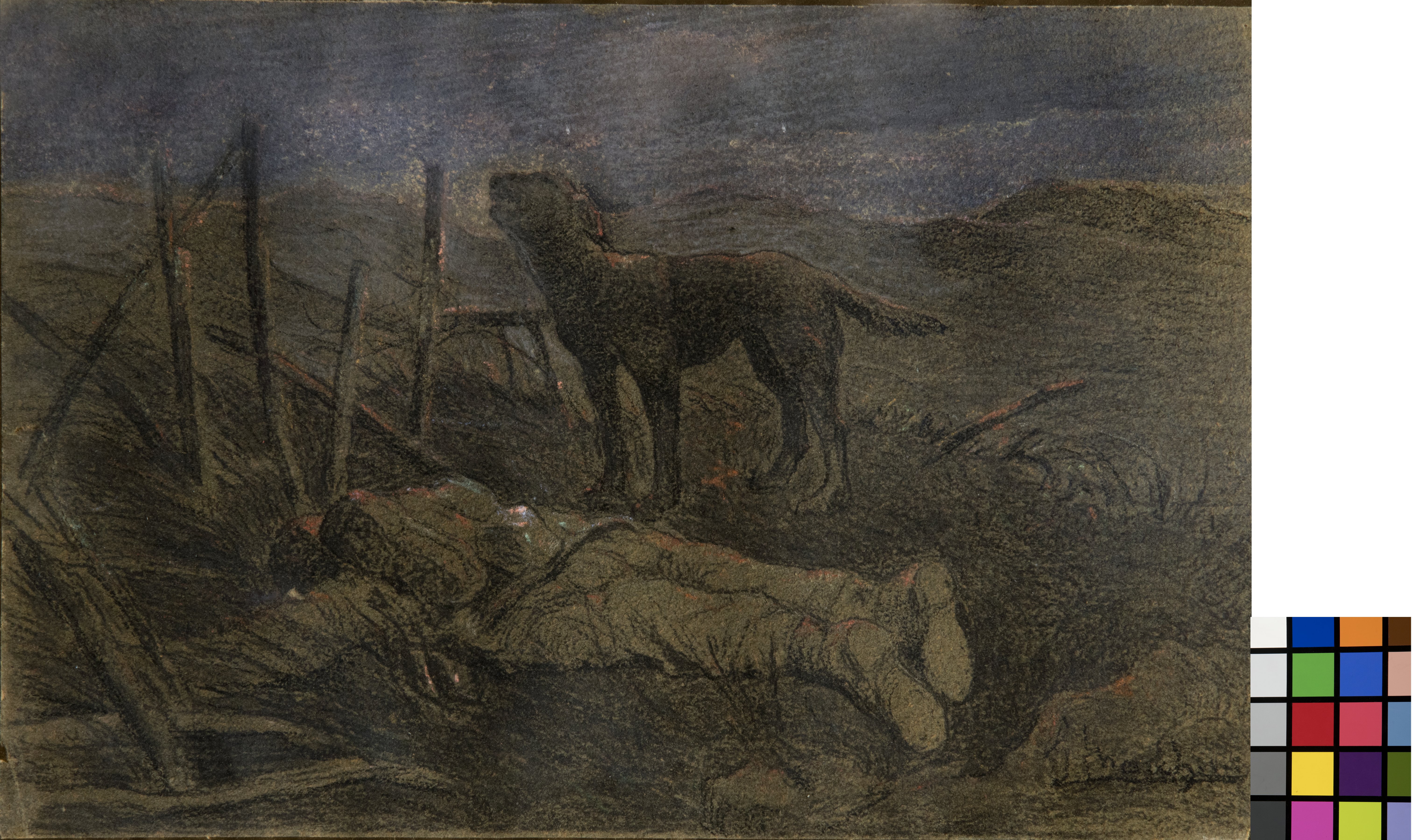 Soldato caduto, Scena di guerra con soldato caduto e un cane (dipinto, opera isolata) di Marchini Giovanni (XX)