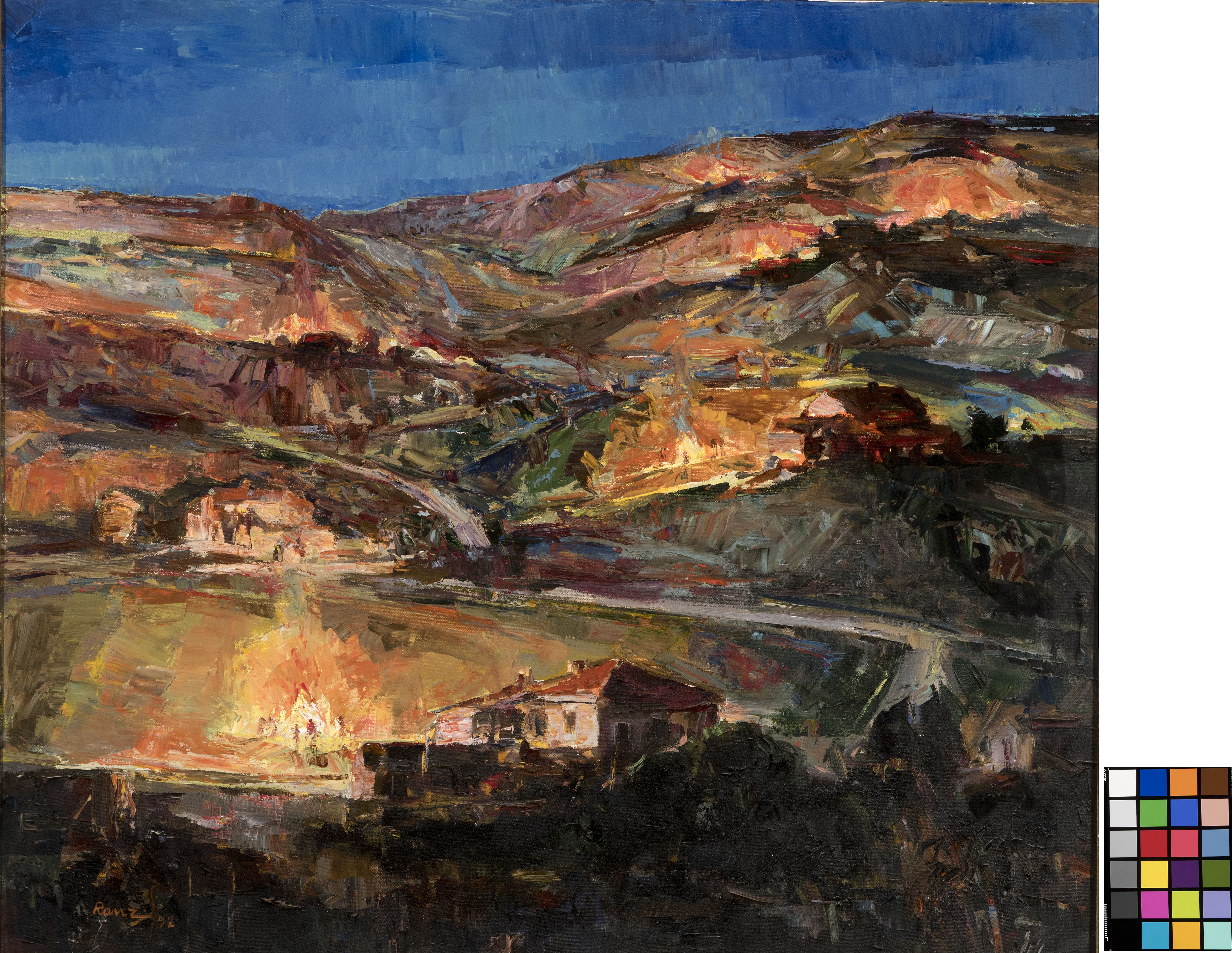 Al Fugaren, Paesaggio collinare con case e focarine (dipinto, opera isolata) di Ranzi, Angelo (XX)