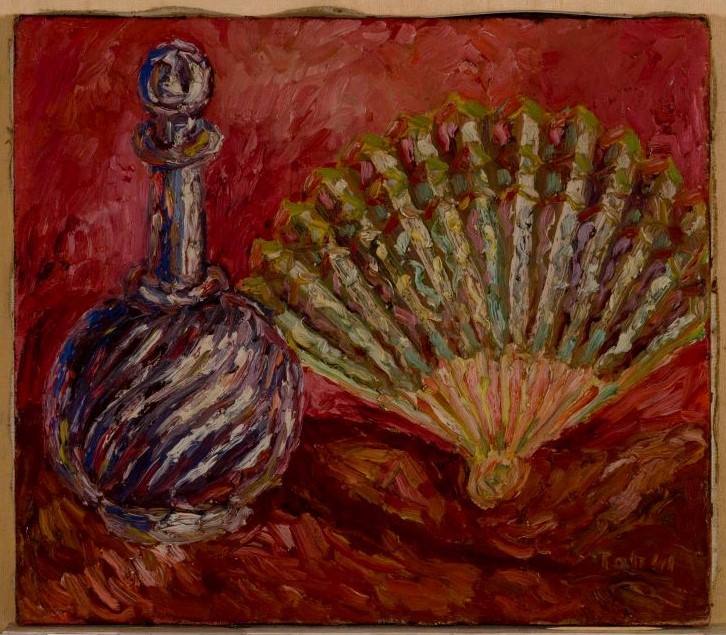 Bottiglia con ventaglio, natura morta (dipinto, opera isolata) di Scialoja Toti - ambito italiano (secondo quarto XX)
