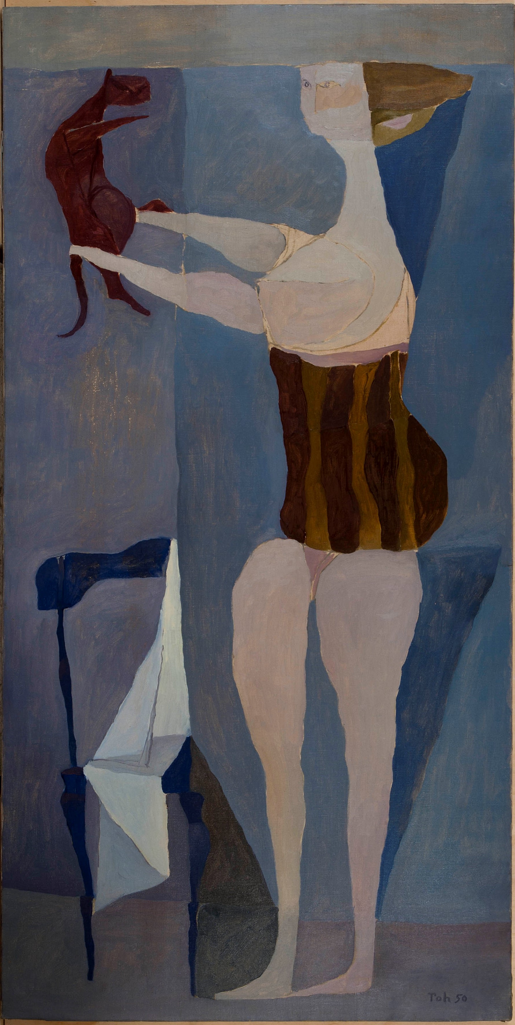 Donna che giuoca col gatto, figura femminile (dipinto, opera isolata) di Scialoja Toti - ambito italiano (secondo quarto XX)