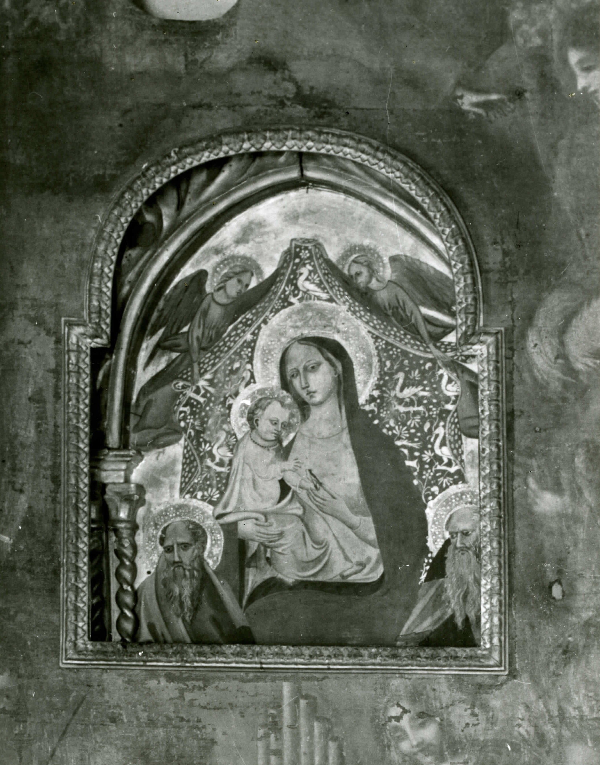 Madonna con Bambino in trono con Sant'Antonio Abate e altro santo (dipinto, opera isolata) - ambito senese (XIV)