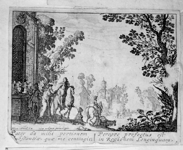 Figliol prodigo lascia la casa paterna (stampa, elemento d'insieme) di Cochin Nicolas (sec. XVII)