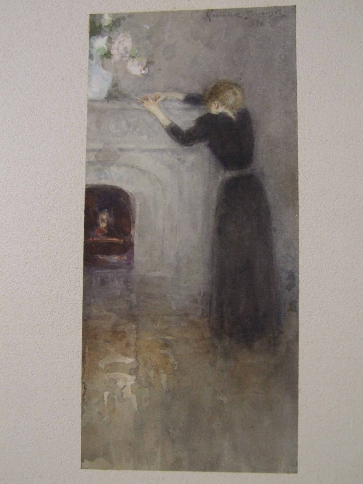 donna che si appoggia alla mensola di un camino (disegno) di Stabrowski Kazimierz (attribuito) (fine XIX)