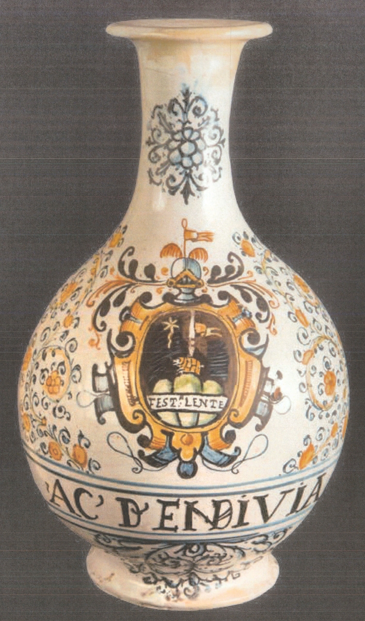 stemma con motivi decorativi geometrici e vegetali (fiasca, opera isolata) - bottega di Castelli (inizio XVII)