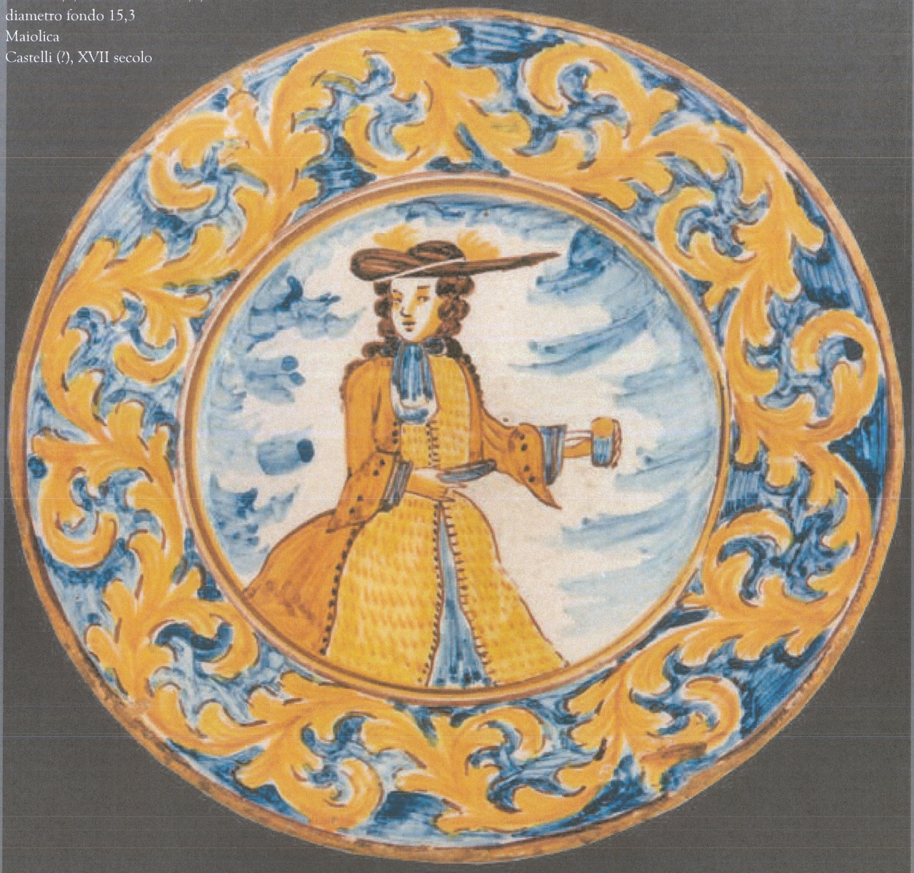 dama con tazza e motivi decorativi vegetali (piatto, opera isolata) - bottega di Castelli (XVII)
