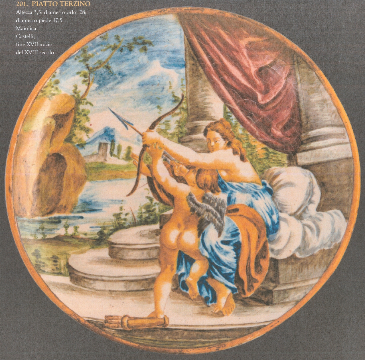 Venere insegna a Cupido a usare l'arco (piatto, opera isolata) - bottega di Castelli (fine/ inizio XVII-XVIII)