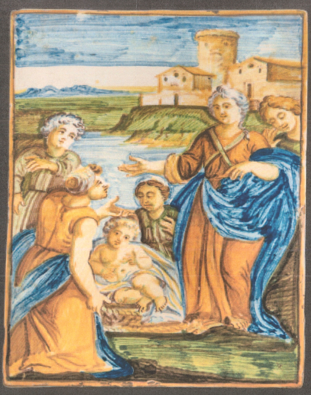 Mosè salvato dalle acque del Nilo (mattonella, opera isolata) - bottega di Castelli (seconda metà XVIII)