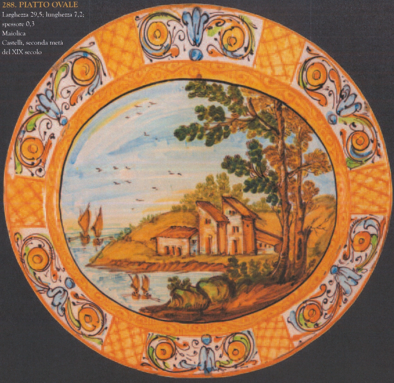 paesaggio con motivi decorativi geometrici e vegetali (piatto - ovale, opera isolata) - bottega di Castelli (seconda metà XIX)