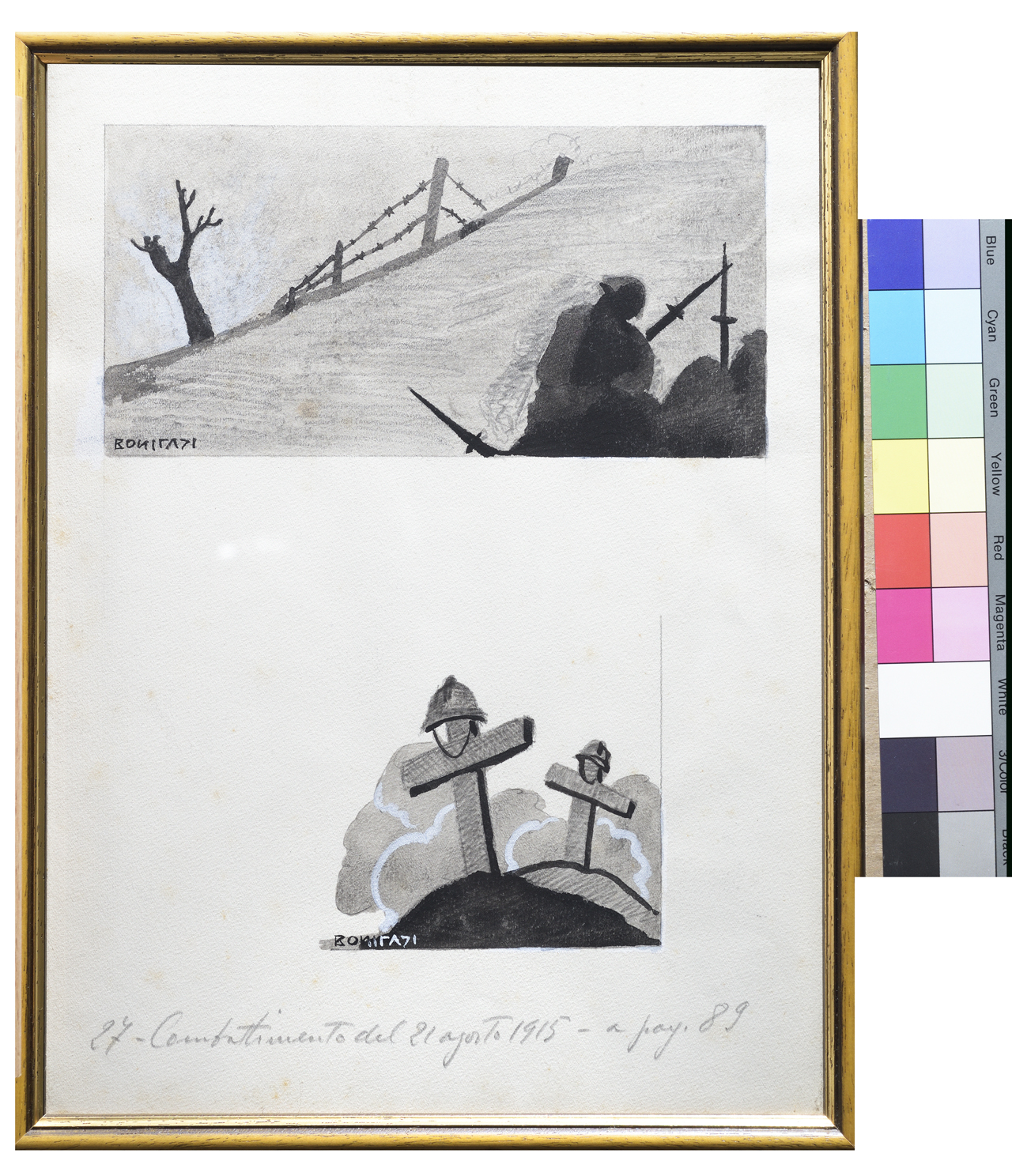soldati in trincea, croci con elmi (disegno) di Bonifazi Caio (XX)