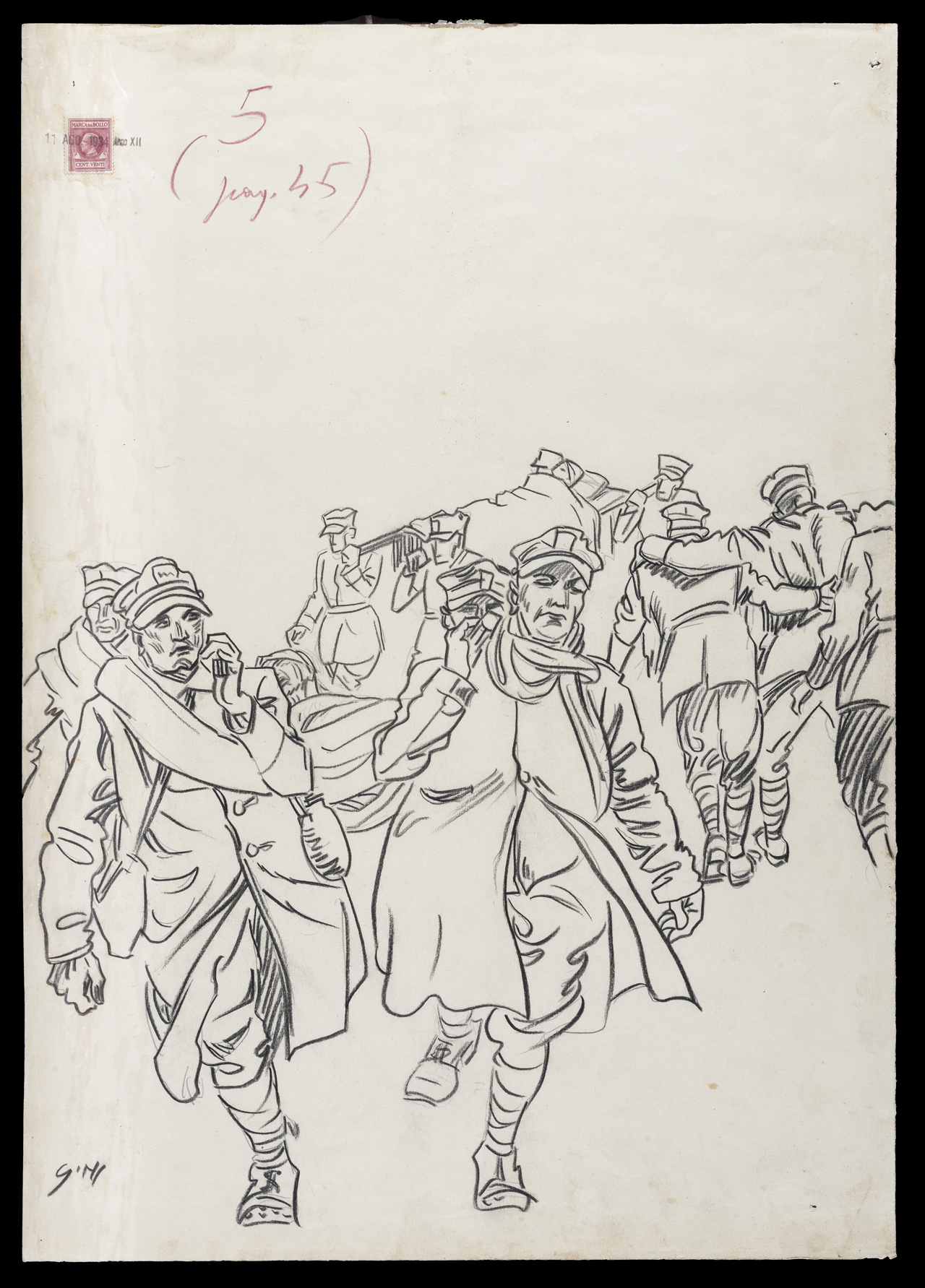 soldati che soccorrono i feriti (disegno) di Sini Tarquinio (XX)