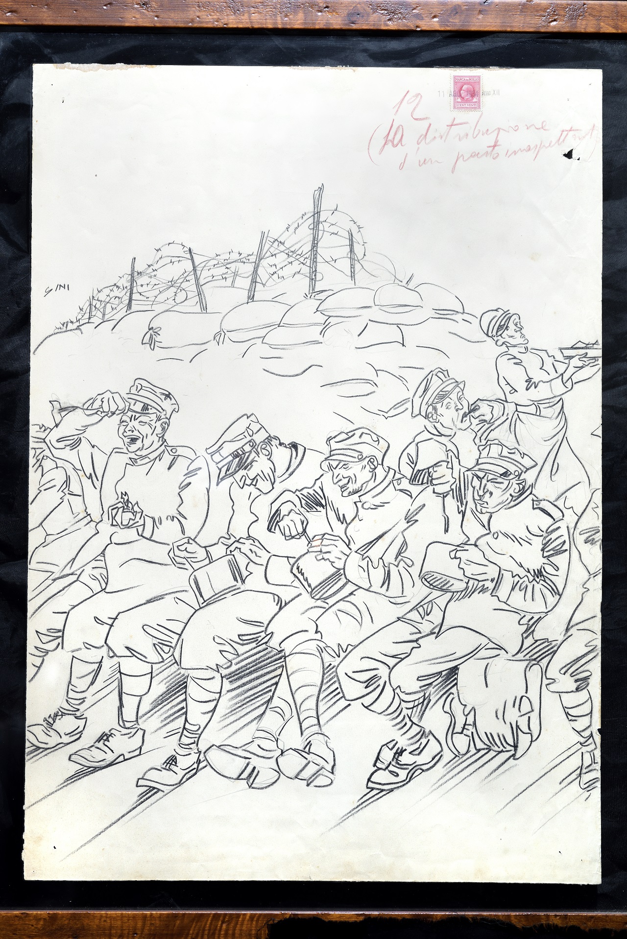 scena di vita militare in trincea (disegno, ciclo) di Sini Tarquinio (prima metà XX)