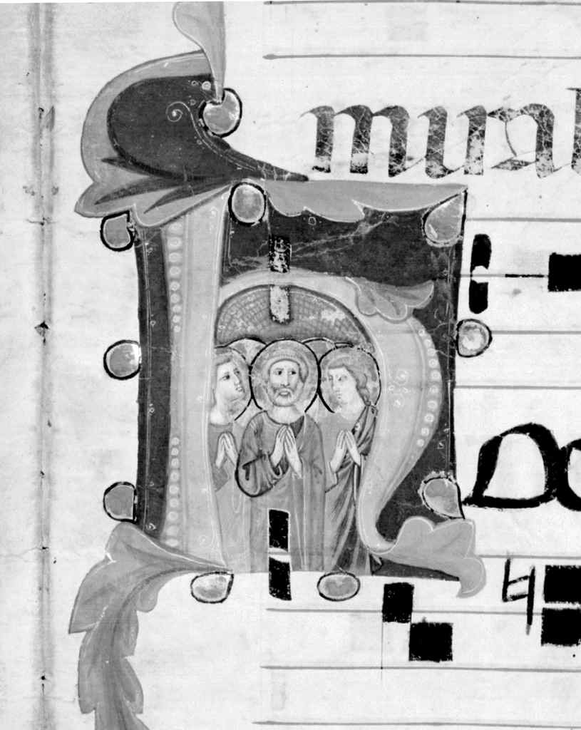 Santi, lettera H (miniatura) di Pacino di Buonaguida (bottega) (sec. XIV)