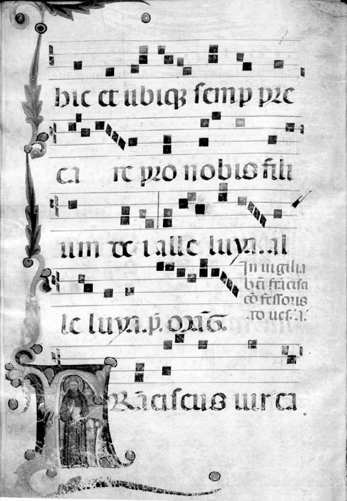 San Francesco d'Assisi, lettera F (miniatura) di Pacino di Buonaguida (bottega) (sec. XIV)
