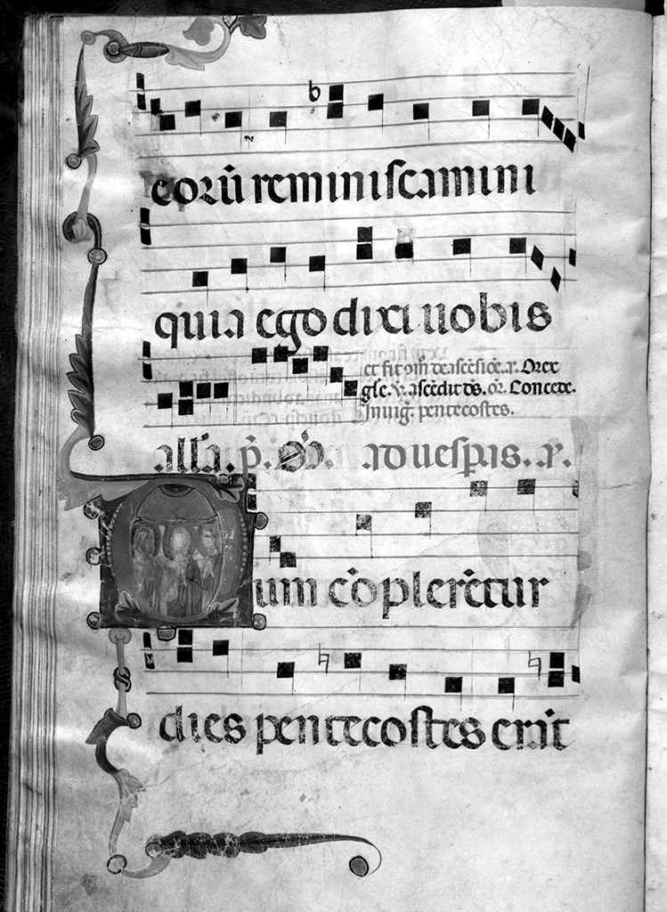 pentecoste, lettera D (miniatura) di Pacino di Buonaguida (bottega) (sec. XIV)