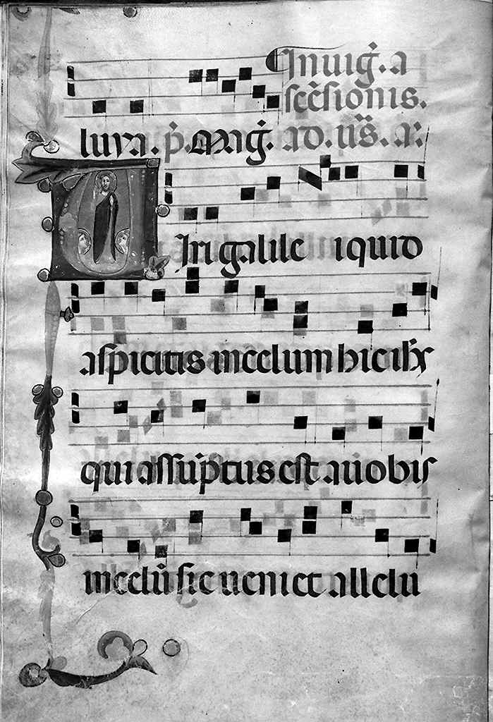 ascensione di Cristo, lettera V (miniatura) di Pacino di Buonaguida (bottega) (sec. XIV)