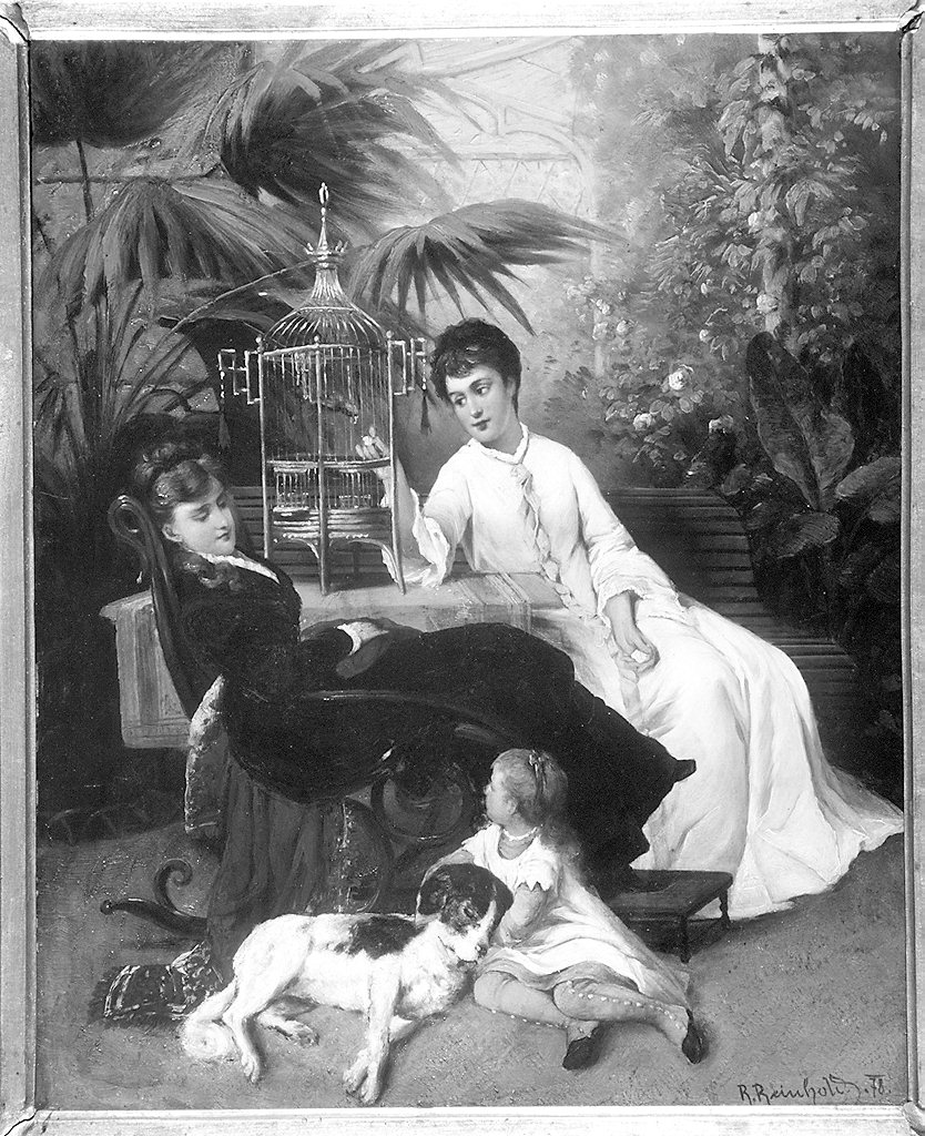 nella serra, figure femminili a colloquio (dipinto) di Reinhold R (sec. XIX)