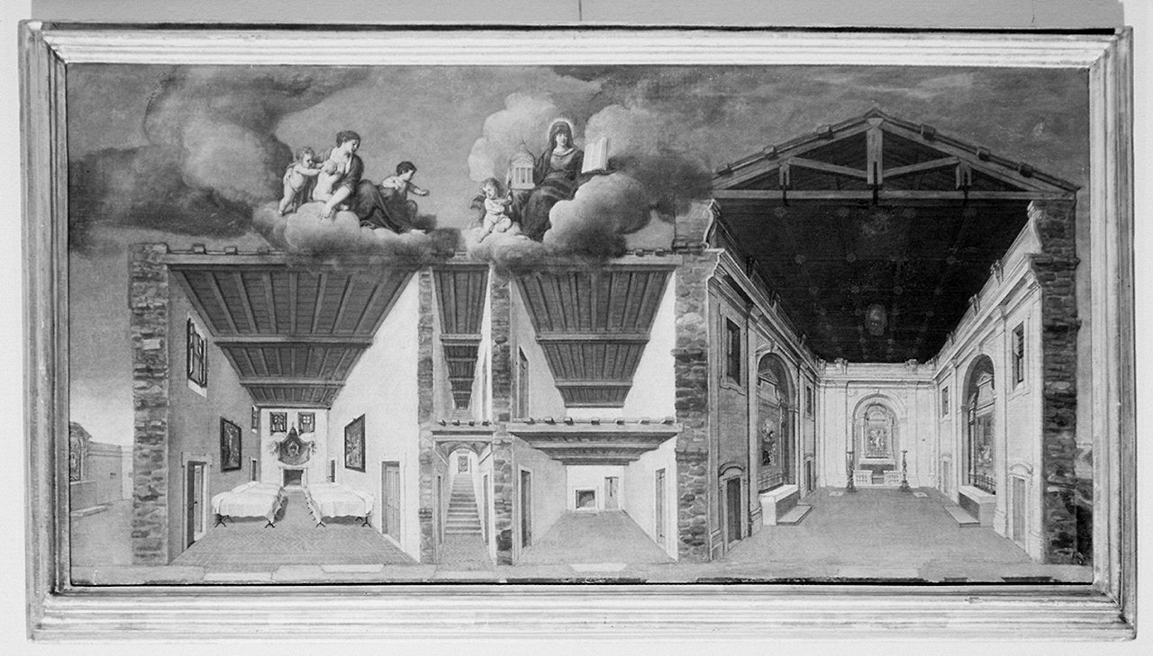sezione trasversale di chiesa e convento (dipinto) - ambito italiano (sec. XVII)