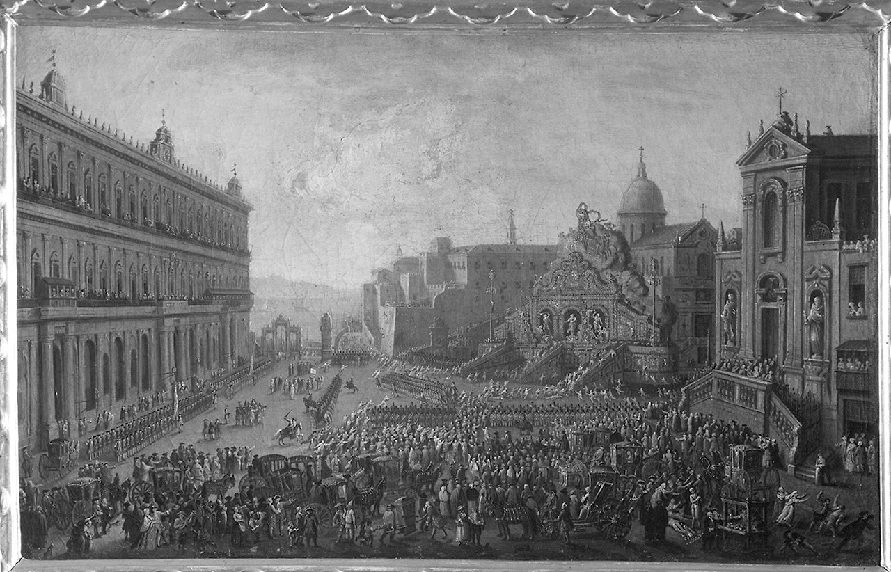 gara della cuccagna di fronte al Palazzo Reale di Napoli (dipinto) di Joli Antonio (maniera) (terzo quarto sec. XVIII)