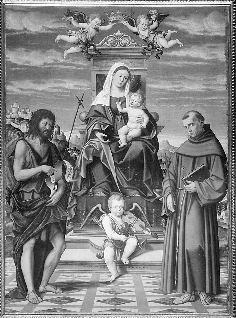 Madonna con Bambino in trono tra santi (pala d'altare) di Francesco di Girolamo da Santacroce (sec. XVI)