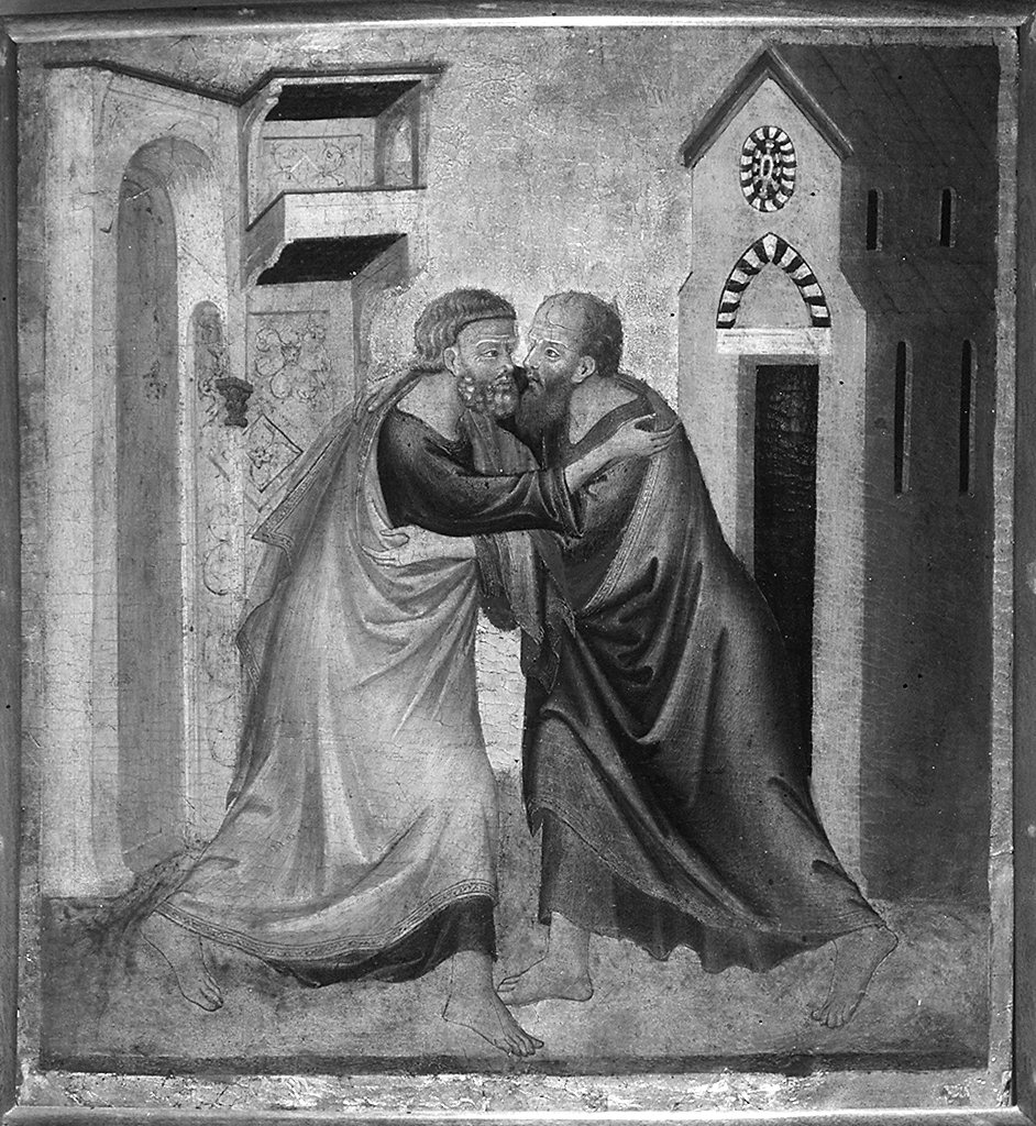 abbraccio di San Pietro e San Paolo prima del martirio (scomparto di predella) - ambito fiorentino (primo quarto sec. XIV)