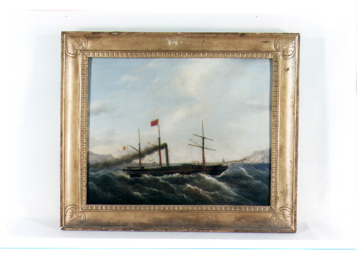 la "Real Ferdinando" in navigazione, paesaggio marino (dipinto) di Fergola Salvatore (sec. XIX)
